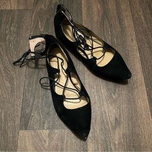 Black lace tie up pointed almond toe suede Express Flats.
